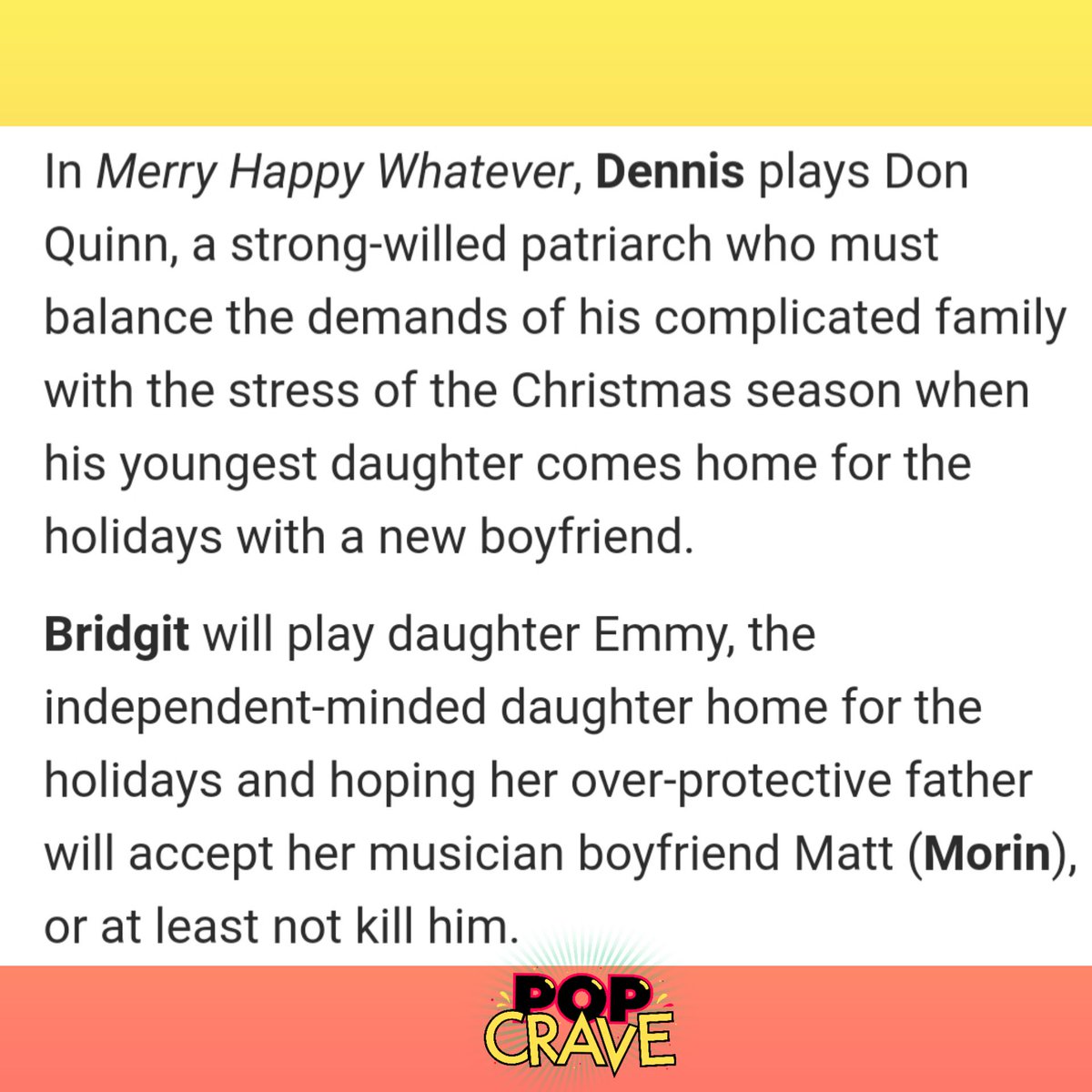 PopCrave's tweet photo. .@AshleyTisdale, @BridgitMendler, Dennis Quaid, @BrentMorin, @RealAdamRose, and @Hayes_MacArthur will star in a holiday-themed multi-camera comedy series, "Merry Happy Whatever." 

The eight episode series will debut on @Netflix later this year. https://t.co/xiHnMYrjJ6