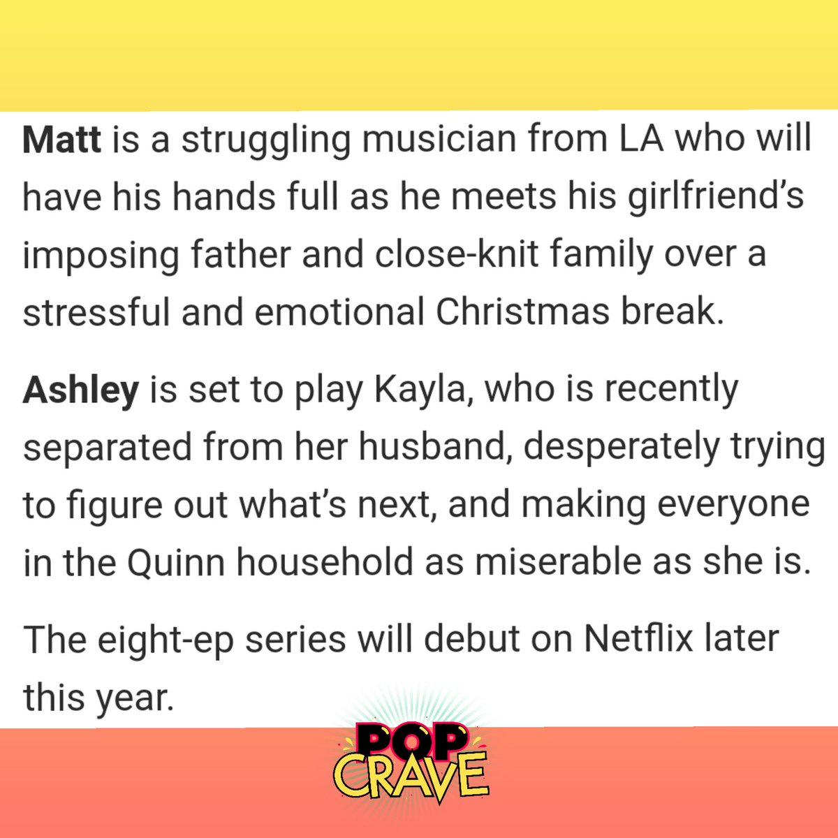 PopCrave's tweet photo. .@AshleyTisdale, @BridgitMendler, Dennis Quaid, @BrentMorin, @RealAdamRose, and @Hayes_MacArthur will star in a holiday-themed multi-camera comedy series, "Merry Happy Whatever." 

The eight episode series will debut on @Netflix later this year. https://t.co/xiHnMYrjJ6