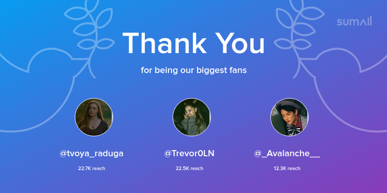 Our biggest fans this week: @tvoya_raduga, @Trevor0LN, @_Avalanche__. Thank you! via sumall.com/thankyou?utm_s…