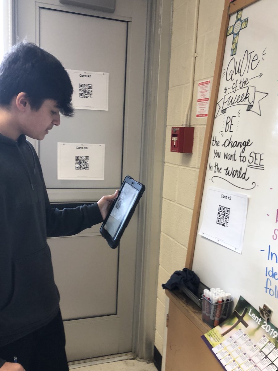 MrsSajda's tweet image. Grade 8s exploring the world of QR codes as part of a vocabulary scavenger hunt activity. Thanks @2peasandadog!#learningwithtechnology #grade8isgreat #geography