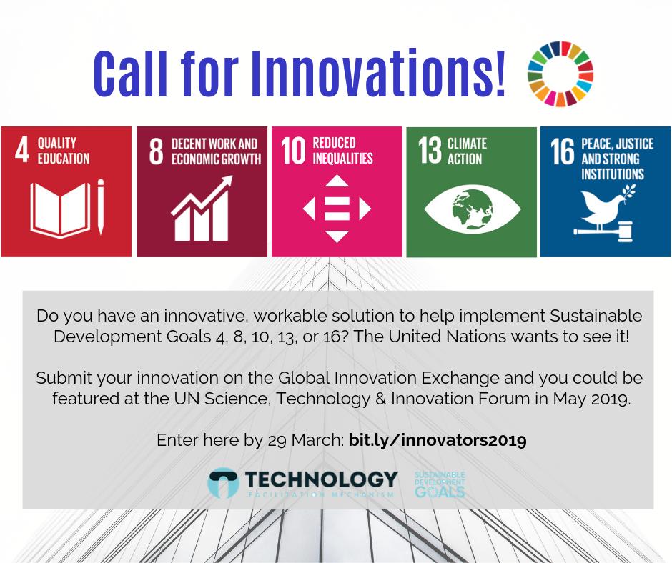 RT @UNDESA Do you have a workable scientific or technological solution to the challenges facing #GlobalGoals implementation? We want to know about it! You could be featured at our #STIForum in May in NY. Enter here by 29 March: bit.ly/innovators2019  #Tech4SDGs