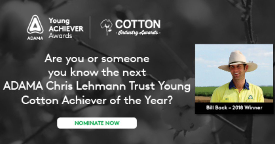 Adama_AU's tweet photo. There's still time to nominate yourself or someone you know for this year's ADAMA Chris Lehmann Trust Young Cotton Achiever award. Nominations close 31 March 2019 so find out more today: https://t.co/CQvqWZxzM0 #YoungAchieverAwards #AustralianCotton @auscottonawards https://t.co/U2kMbJj9Sz