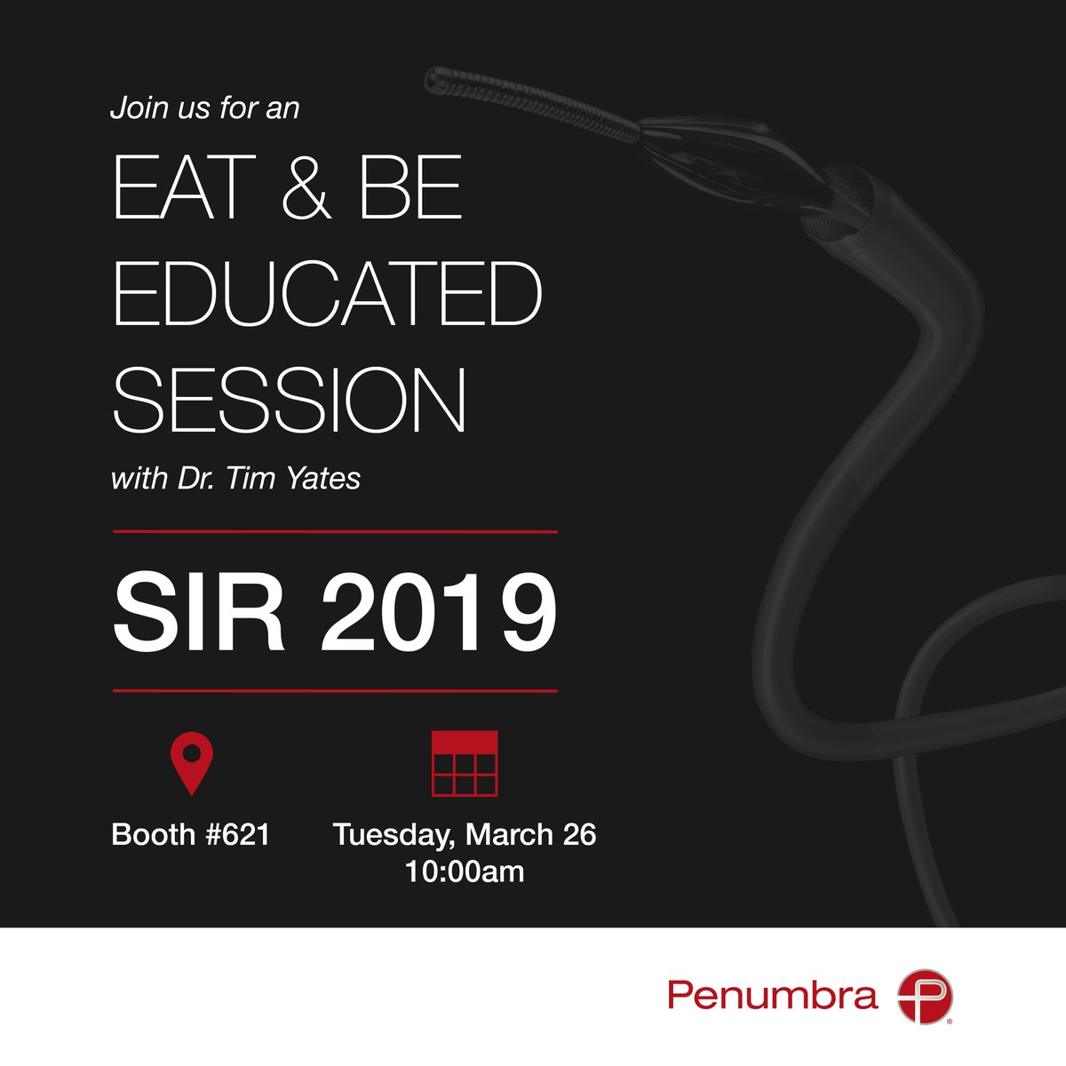 penumbrainc's tweet photo. Begin your day with us tomorrow at an Eat & Be Educated session, where we'll take a closer look at the Penumbra Indigo® System with @TimYatesMD from @SOBE_Vascular. Visit us at booth #621 to learn more! #SIR19ATX @SIRSpecialists #stoptheclot https://t.co/XtfKhdho03