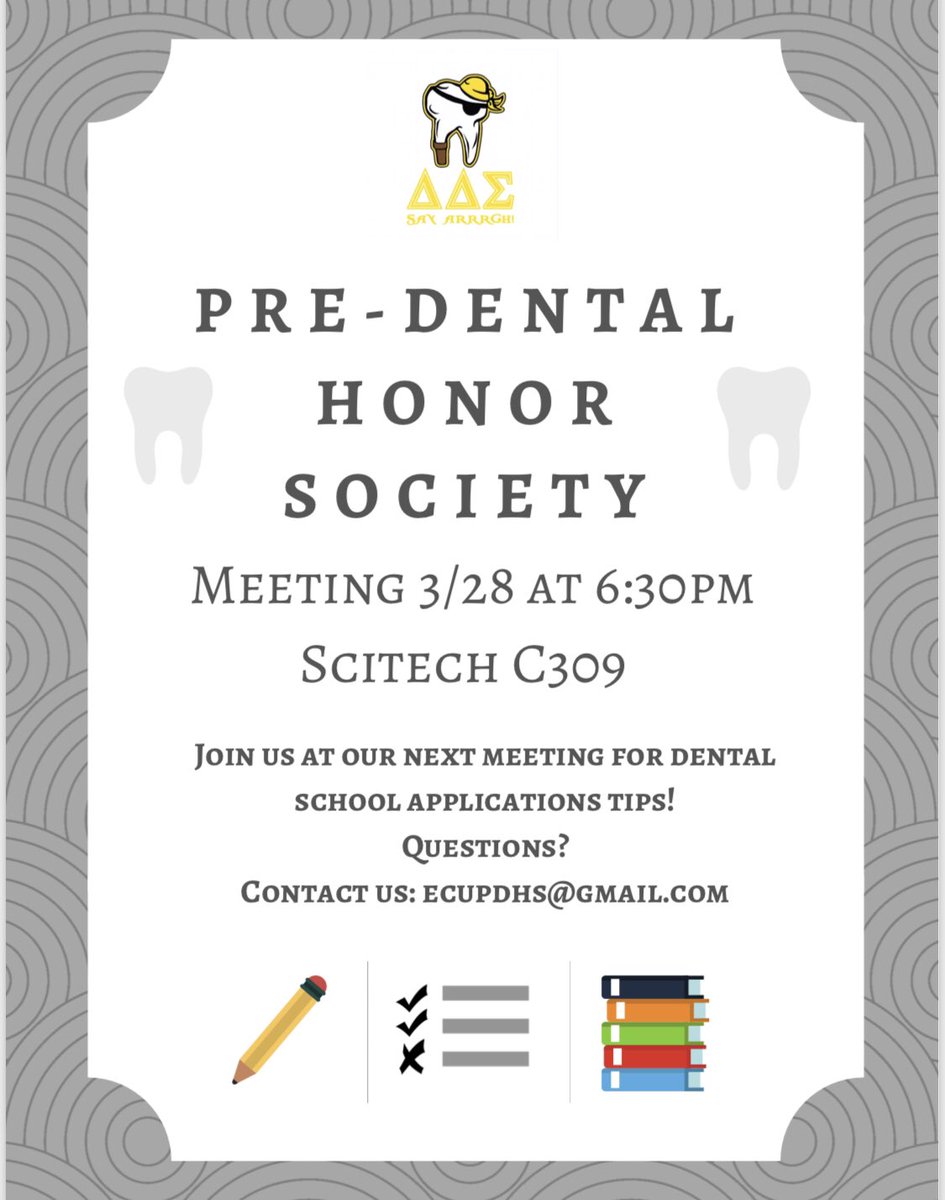 Hey Pre-Dental Pirates! PDHS is having a meeting this Thursday to go over some helpful dental school application info. We’d love to see you all there! 😄 #predentalpirates