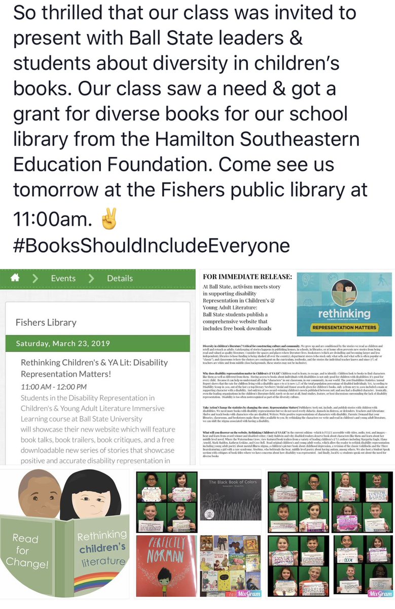 MrsPorzuczek's tweet photo. Come see our class present tomorrow @HamiltonLibrary @BSEhseIN @HSESchools @hsefoundation @MrsKussyBSE @jonesdarolynlyn @rethinkkidlit @JanCombs20 @AllenBourff @jeffhoog @FatimaRich1 @emilyapace #BooksShouldIncludeEveryone #KidsCan https://t.co/G8tC9QhFZC