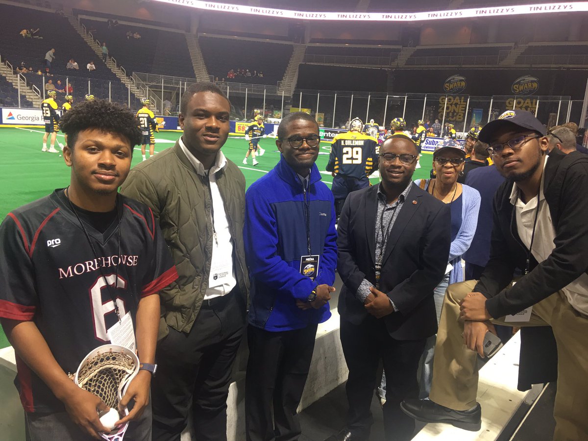 MorehouseJS's tweet photo. @Ron_Thomas32 Morehouse Sports Reporting students get first taste of pro lacrosse, thanks to the Georgia Swarm. #jsprogram #georgiaswarm #morehouse https://t.co/UGiMbiHelI