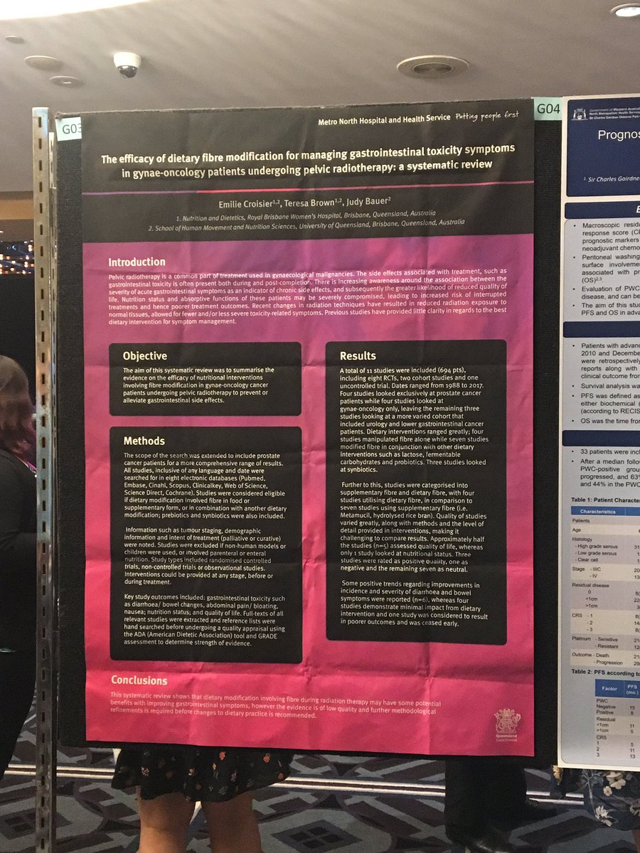 Was lucky enough to get the opportunity to present my findings from my literature rv at the #ANZGOG2019 Sydney conference, alongside various clinicians &amp; researchers all dedicated towards improving identification, management &amp; caring for those w/ gynae cancers #dietitianrepresent