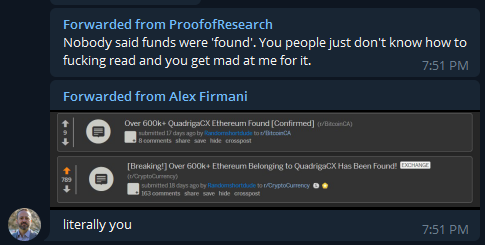 ProofOfFraud's tweet photo. Are we woke yet #QuadrigaCX ?  Anybody reposing this garbage is explicit in spreading misinformation.  You don't want me as a follower.  Link to this thread #Zerononcense #Cryptomedication #ThouArtClothing #TheWriteWorker #RandomShortDude @QuadrigaCoinEx @CAVIRTEX #WB21 https://t.co/Zp0fiiqGBs