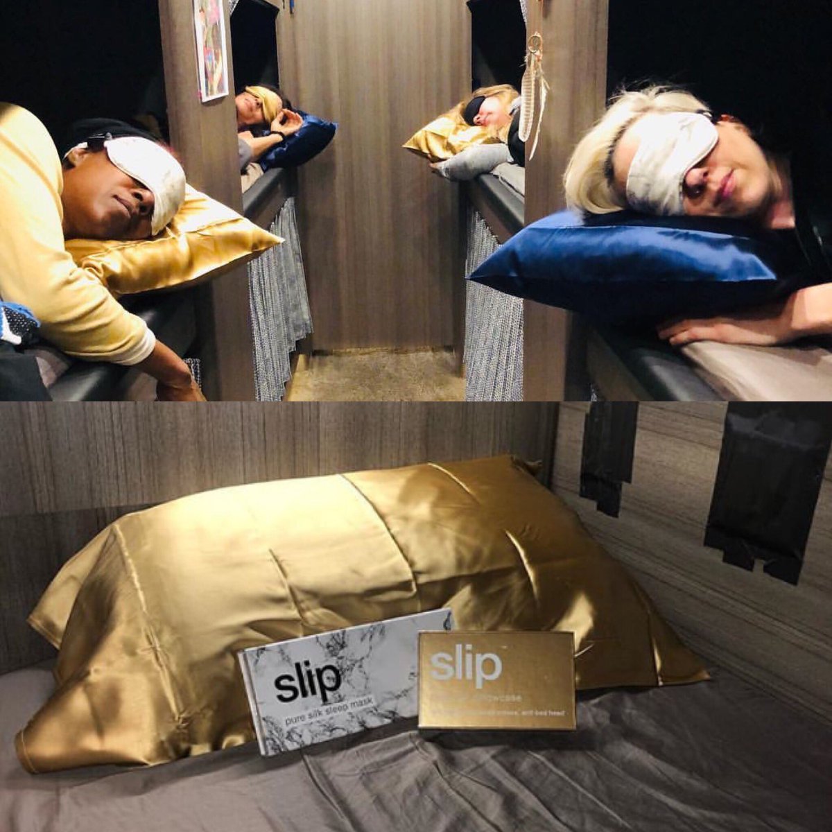 EvaGardner's tweet photo. On the tour bus to OKC - grateful for these deliciously luxurious goodies! 🌸Thank you #slipsilkpillowcase #theadrianabalic #gcesa 💤 💕 #happycampers #beautifultraumatour #slipsilkpillowcase #slipsilkeyemask #slipsilk #busbunk #tourbus #tourbuslife #silkpillowcase #silkeyemask https://t.co/GUrkvVLuGV