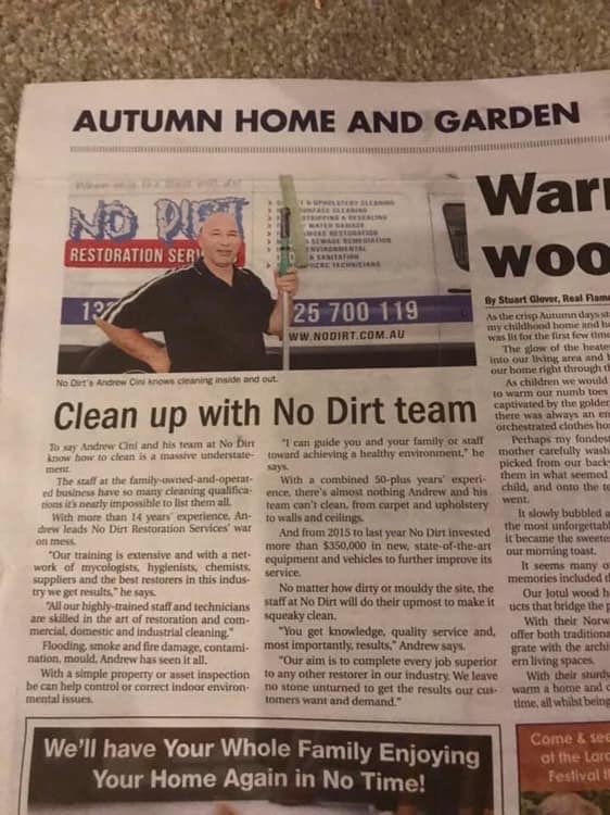 Trade_Matcher's tweet photo. Contact Andrew &amp; the No Dirt team on 0425 700 119 or 1300 663 478 for a free, no-obligation quote.

Find them on: https://t.co/PZWE8aRaQv

Linking locals is what we do best 😉

The No Dirt team are IICRC &amp; RIA Certified.

#LinkingLocals #TradeMatcher #Geelong #Cleaner #nodirt https://t.co/LcrsS5Q5R8