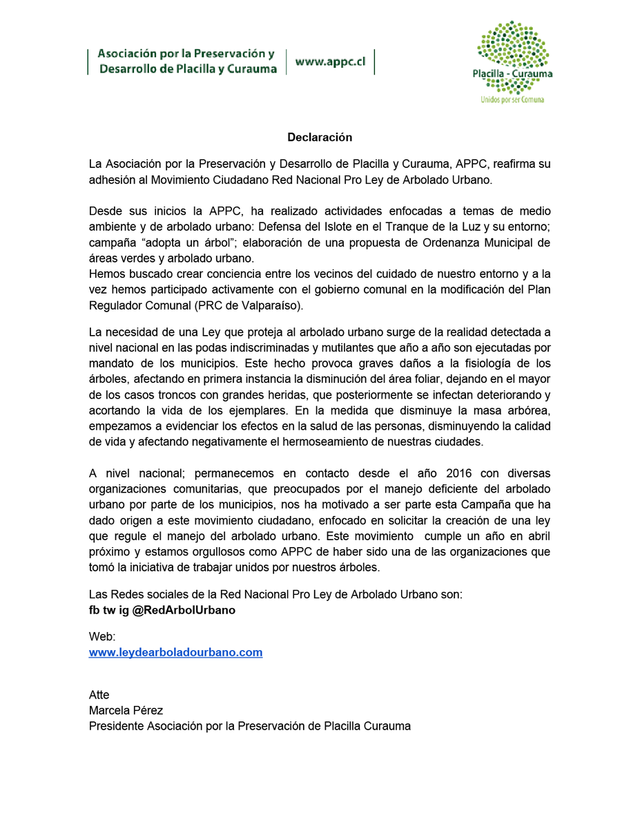 APPC_Comunidad's tweet photo. La Asociación por la Preservación y Desarrollo de Placilla y Curauma, APPC, reafirma su adhesión al Movimiento Ciudadano Red Nacional Pro Ley de Arbolado Urbano. @RedArbolUrbano 
cc @marceperezpinto https://t.co/l42jMLKRUM