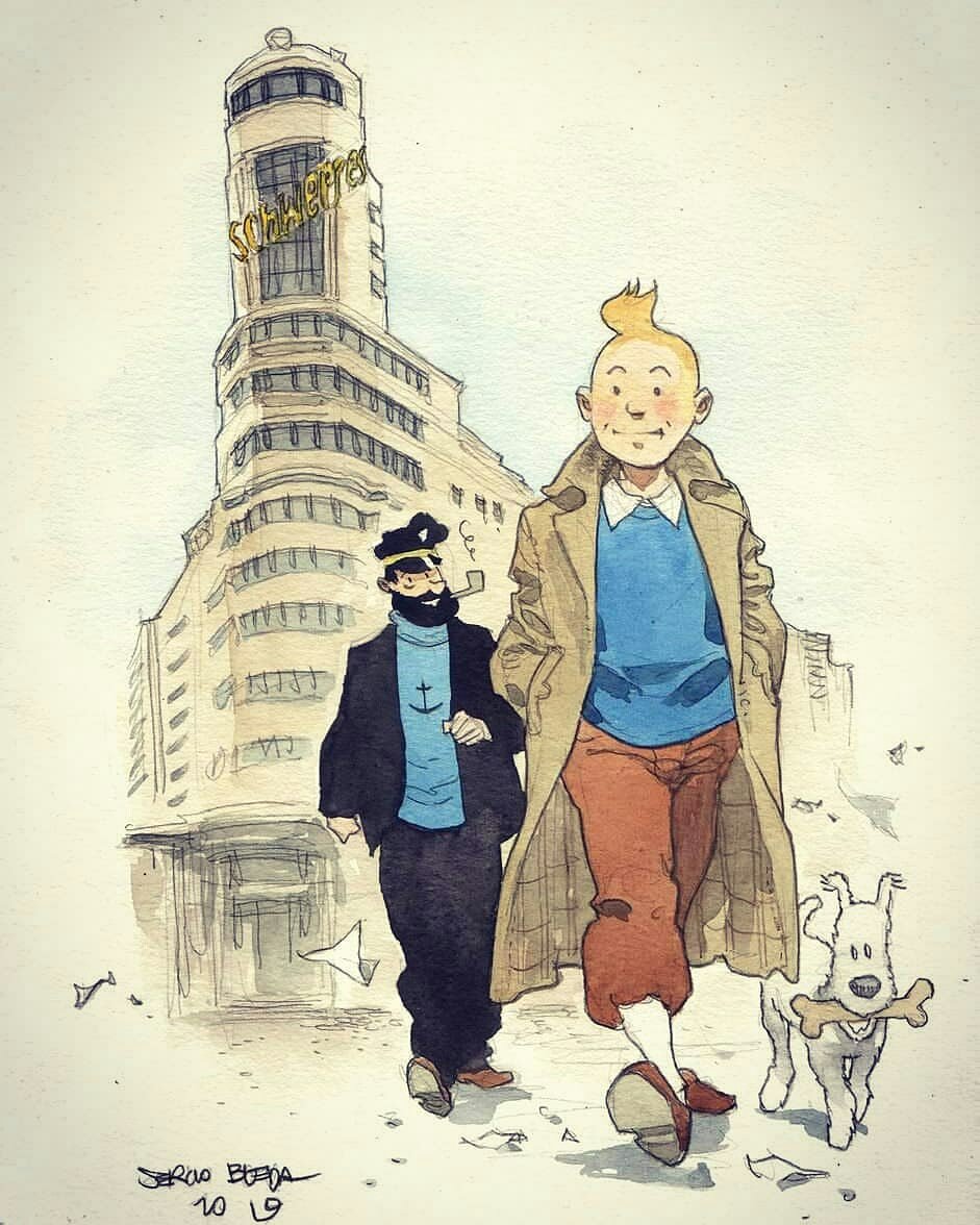 ALCNovelda's tweet photo. @SergiBleda Tintin in Madrid. #tintin #commission #herge #madrid #watercolor #winsonandnewton #captainhaddock #milu #sergibleda #sergibleda #bandeedessinee #comics #hergetribute #notforprint #originalartwork #edificiocarrion #edificiocarrionmadrid #granvia #alcn #alicante #aspe https://t.co/lDLfrv20IU