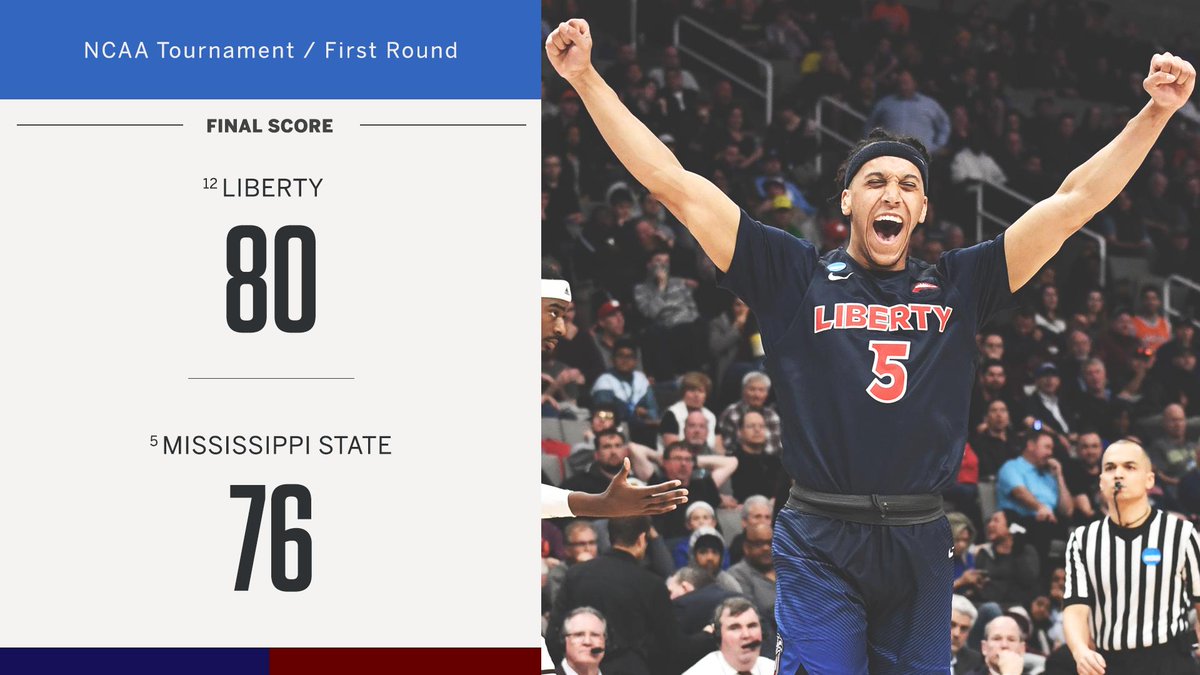 SportsCenter's tweet photo. .@LibertyMBB upsets 5-seed Mississippi State for its first NCAA Tournament win in program history 😃 https://t.co/00vavAXspA