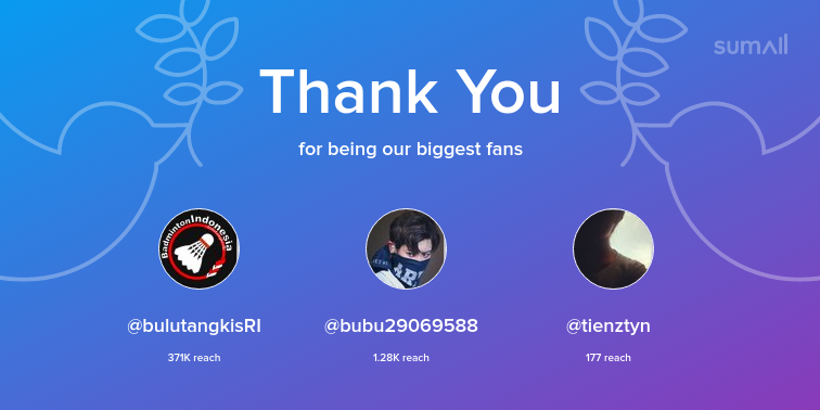 Our biggest fans this week: @bulutangkisRI, @bubu29069588, <a href="/tienztyn/">Tien ❤🇮🇩❤</a>. Thank you! via sumall.com/thankyou?utm_s…