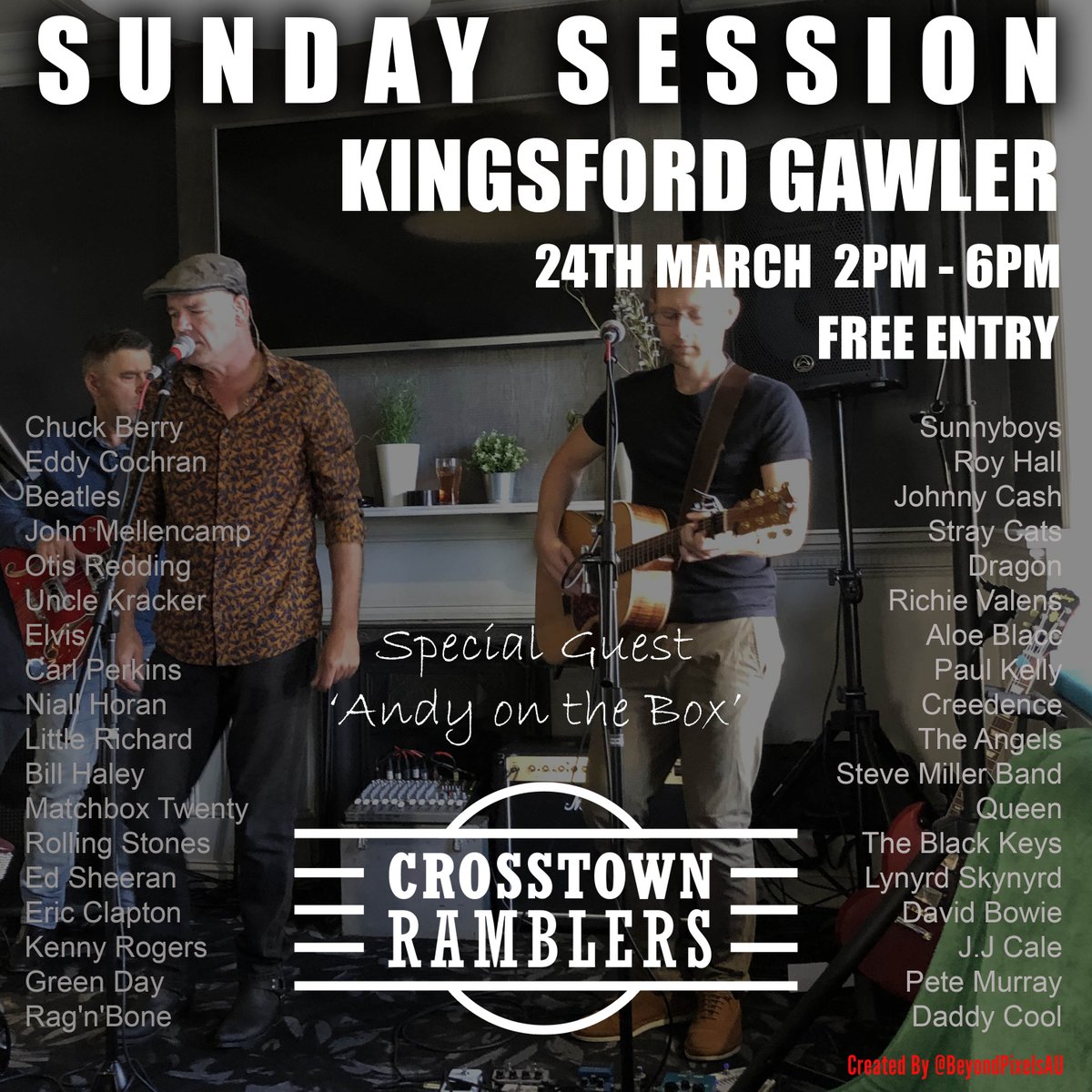 CTRamblers's tweet photo. Join us at the @kingsfordhotel Gawler Sunday 24th March 2PM - 6PM 🤘🤘
Come for lunch, stay for the entertainment - FREE ENTRY
Andy will be a special guest on the Cajon 👏👏 https://t.co/u8WaelRduy