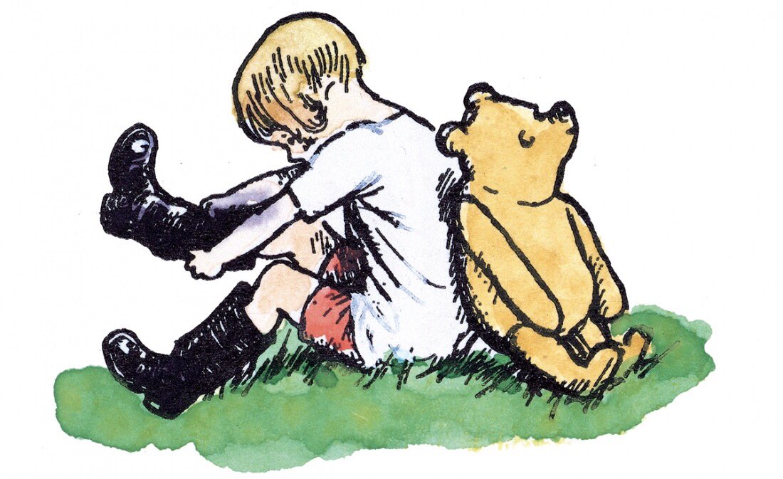 A_AMilne's tweet photo. "Christopher Robin was putting on his Big Boots. When he saw the Big Boots, Pooh knew that an Adventure was going to happen, and he brushed the honey off his nose with the back of his paw, and spruced himself up so as to look Ready for Anything."~A.A.Milne #SaturdayMotivation https://t.co/htXuofDsOC
