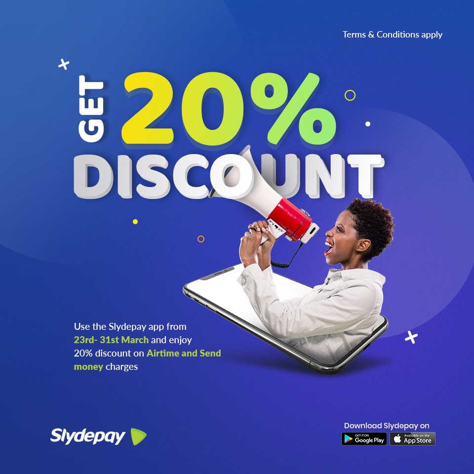 slydepay's tweet photo. Here's something you never expected! A whooping 20% discount on all airtime, data and send money charges on Slydepay! Hurry! Offer ends on 31st March!!! 
#WeGotU #PayLikeABoss https://t.co/mnNXc7vkjW