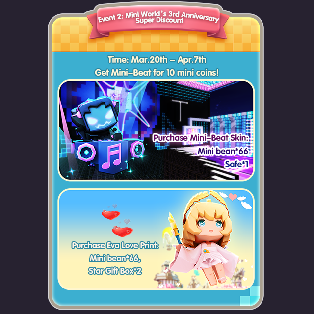 EspanolMini's tweet image. 🥳Mini World 3er Aniversario Actividades🥳
🤣Eskin por sólo 10 Mini Monedas, 🥳Regalos por iniciar sesión , 🎃Monstruocito y Ángel salen en el juego!
Para la versión española y más informaciones: facebook.com/pg/miniworldsp…