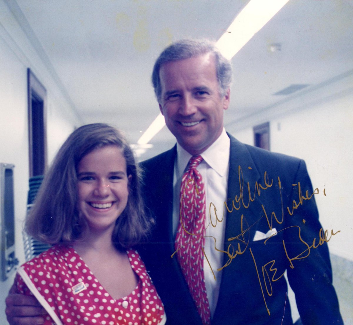 CarolineSelf's tweet image. I am a long way from endorsing a 2020 presidential candidate, but the fact that @joebiden is still wearing a 26 year old tie gives him a point or two. Unfortunately, I do not still have that dress.