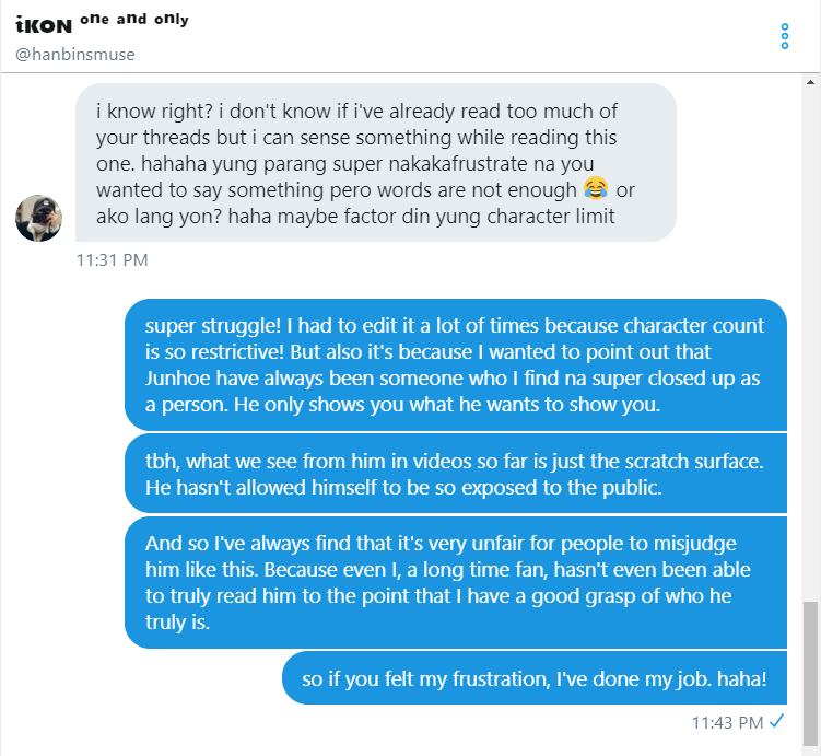 My conversation with  @hanbinsmuse made me realized that people may not have a full grasp of the intention of my thread. Here's a short summation of what I tried to do.Thank you to this very kind mutual of mine who allowed me to share this short snippet of our convo.