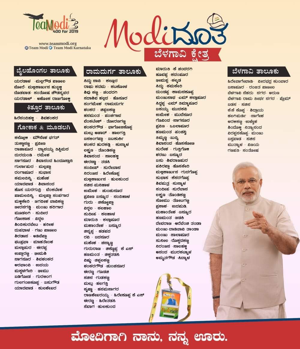 MaaBharath's tweet image. #TeamModi
#ModiDooth
This is the list of Modi Doots from Belagavi constituency. These #ModiDoot s will campaign across all villages spreading the achievements of @narendramodi ji till the General Election.
Ground is clearly set in favour of Chowkidar Pradhan Sevak!