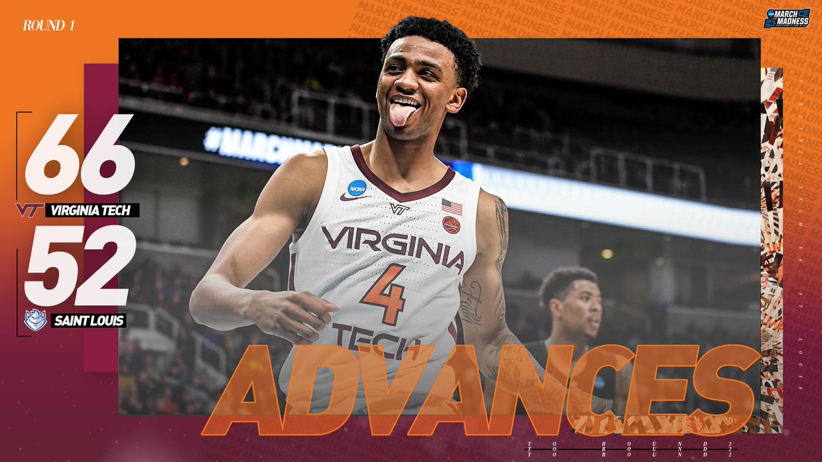 MarchMadnessMBB's tweet photo. The Dance goes on for the Hokies!

(4) Virginia Tech moves past (13) Saint Louis for its first #MarchMadness win since 2007! https://t.co/2mwWIGb20X