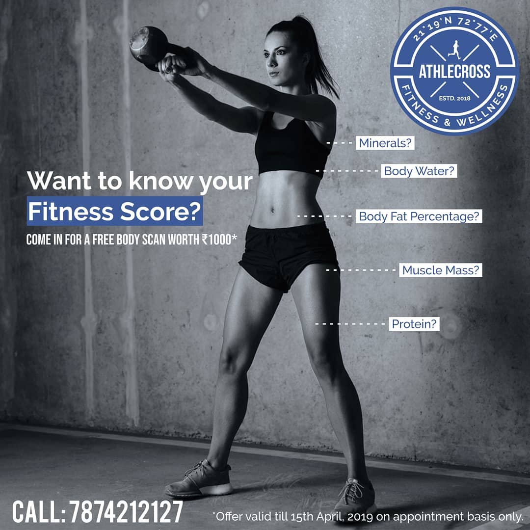 athlecross's tweet photo. ATHLECROSS gifts you a FREE BODY ANALYSIS for a limited time. (Worth Rs.1000/-)
Take a look inside &amp; know more about your body.
Know your Fitness Score &amp; scientifically work towards improving it.
Appointment compulsory. Offer valid till 15th April, 2019. Call: 7874 212127 https://t.co/JMPD6oguQT