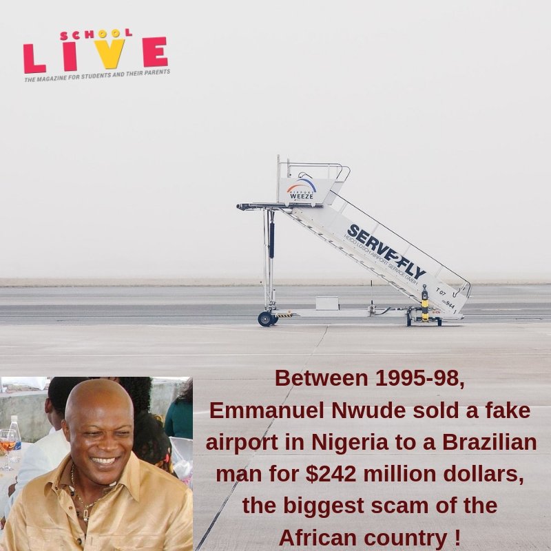 schoolLIVE_mag's tweet photo. We have a very interesting read for you this weekend. A Nigerian man once sold a fake airport for $242 million dollars! 

https://t.co/J7amdwqSKU

#schoollive #staycurious #financialfraud https://t.co/PHXWjyi9ow