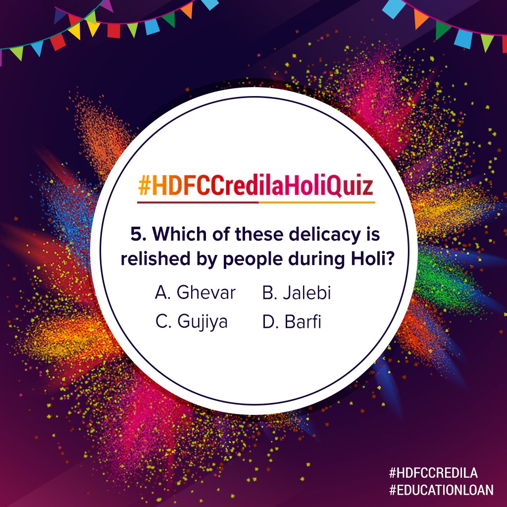 last day of our #HDFCCredilaHoliQuiz series! Hope you had fun participating!
Follow us to stay updated on our upcoming quizzes and contests!
#HDFCCredilaHoliQuiz #Holi #Holi2019 #HoliQuiz #HoliQuizSeries #HDFCCredila