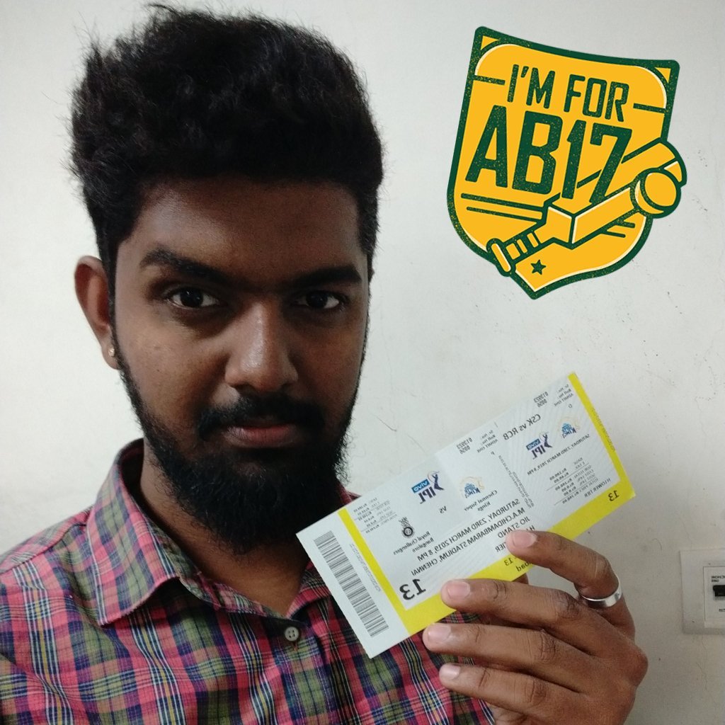 Johnson_Ganesh's tweet photo. Gonna Witness My Idol Tonight #ABDCamApp #ImForAB17 #Mr360 #AsEasyAsABDC #Super17 @AbDeVilliers17 #CSKvRCB @RCBTweets https://t.co/iL2yi94LFD