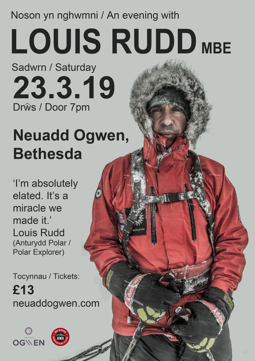 There's still time to grab a ticket for this evening's talk by Louis Rudd MBE - Polar Explorer at <a href="/NeuaddOgwen/">Neuadd Ogwen</a> . A very special opportunity to hear from one of the great modern Polar adventurers. Don't miss it!!  #snowdonia #adventure #northwales #northwalestweets #polar #snow