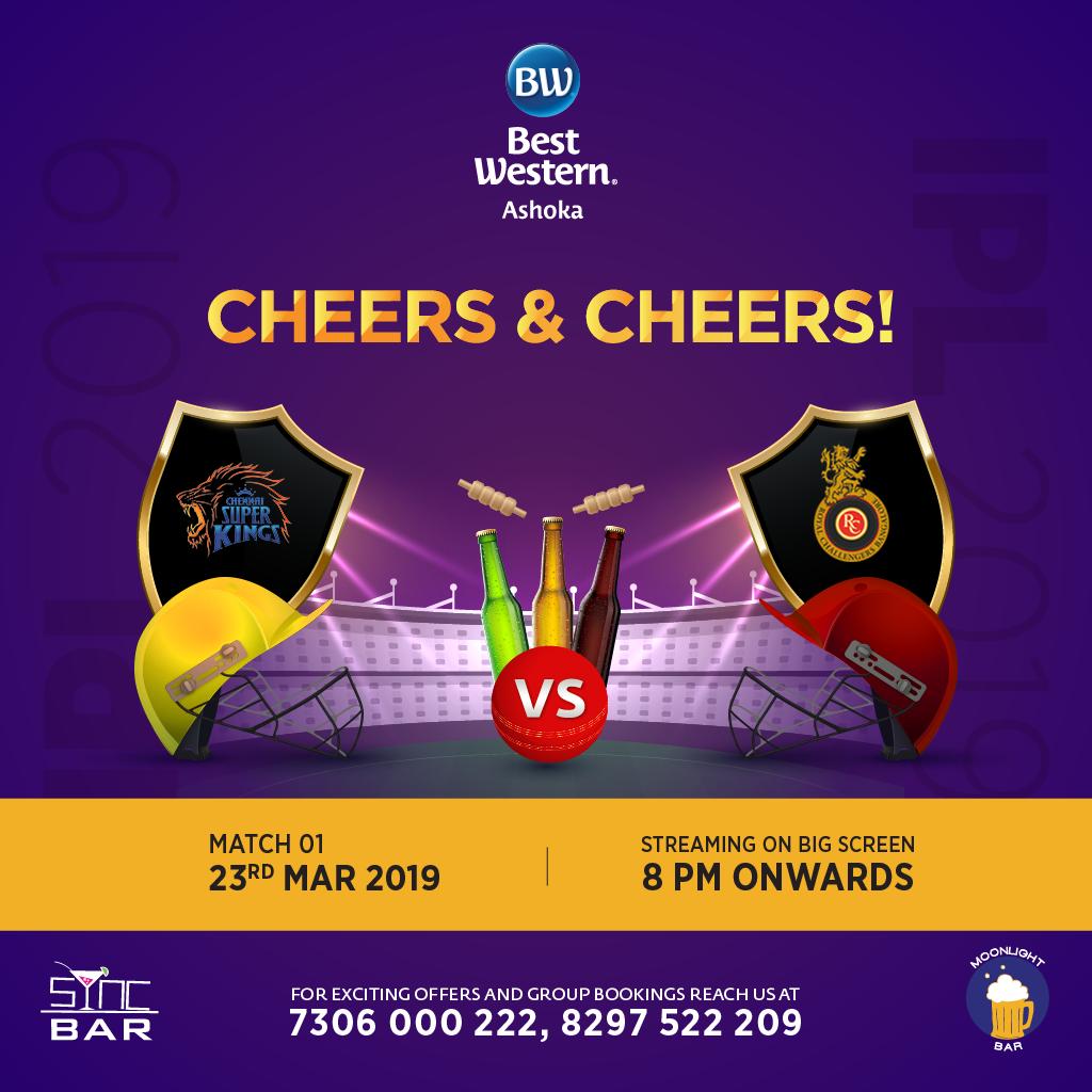 BWAshokaHyd's tweet photo. Woohoo! The #IPL Festive is here! Catch the match at #Moonlight or #SyncBar where you can celebrate and cheer for your team, literally. Cheers! From 8 PM onwards, See Ya.
#IPLMatch1 #IPLMatches #CSK #RCB #IPL2019 #IplLeague #Cheers #BestWesternAshoka #3StarHotel #LakdiKaPul https://t.co/CU7afhX8Iz