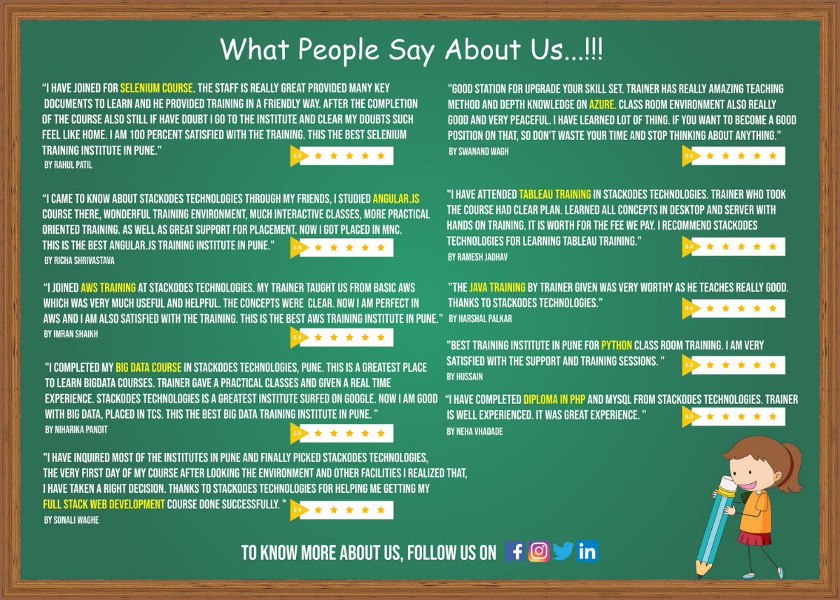 stackodes's tweet image. What People Say About Us
Happy Students
Placed Students

STACKODES Technologies
stackodes.com
+91 8956548866/ +91 8975633866

#stackodes #stackodestechnologies #ittraining #itinstitute #happystudents #placedstudents #pune