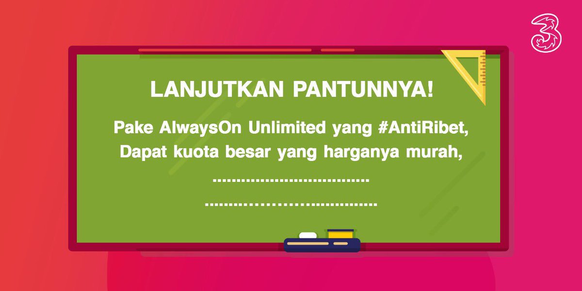 3CareIndonesia's tweet photo. Mau dapet pulsa 25k dari Tri? Lanjutkan pantun ini!  

Caranya:
1. Follow @3CareIndonesia  
2. Retweet &amp; like postingan ini
3. Lengkapi pantun di kolom komen, mention 2 teman. 
4. Sertakan hashtag #3CareForYou #3viaTime 

Ditunggu sampai tanggal 24 Maret 2019! https://t.co/iwqRMVjX2b