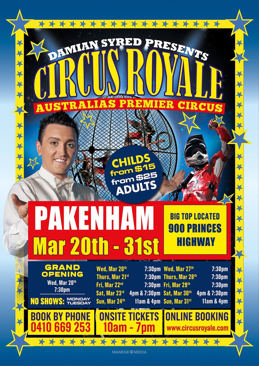 D_S_Presents's tweet photo. Book your #Tickets now to see @circusroyale in Pakenham Victoria 
ALL NOW SHOW!! 
🔸️ https://t.co/yVL7XCJuhX
🔸️ 0410669253
🔸️ visit our onsite boxoffice
.
#circus #showtime #fun #cirque #tickets #booknow #newshow #weekend #victoria #pakenham #cardinialeisure #cardinia https://t.co/5NYW7c3LTJ