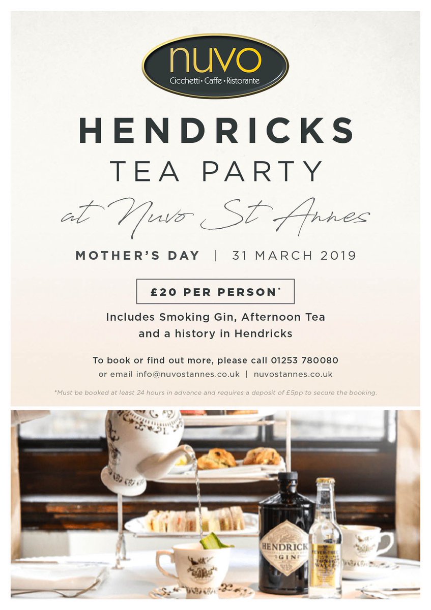 NuvoPLF's tweet photo. Don’t miss out on our Hendricks Mother’s Day Afternoon Tea on Sunday 31st March!!

We only have a few spaces left! To book please call 01253 780080 😃

It’s a Perfect gift 💝 

#MothersDay2019 #Hendricks #AfternoonTea #NuvoStAnnes https://t.co/yiP8DxxTcY