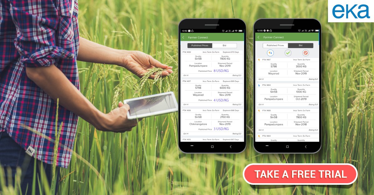 EkaSoftware's tweet photo. Work as one with farmers! Empower your farmers with information. Sign up for a free trial today https://t.co/xYLfQ9Cu7K #CTRM #ETRM #CommodityManagement #TradingandRisk #Agtech https://t.co/2eEiKhaJyH