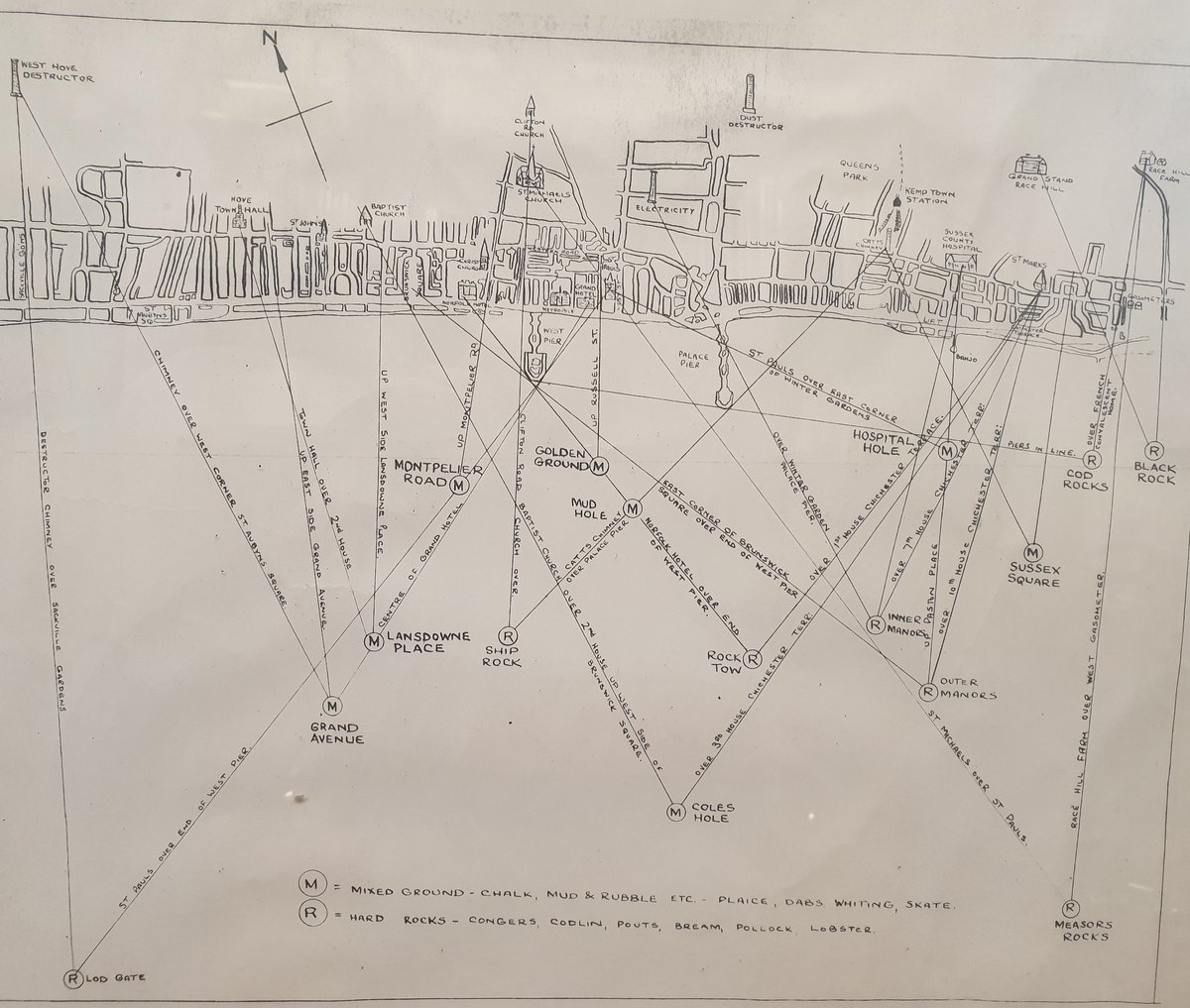 These 'marks' were a major part of the local fishing industry. A fishing boys apprenticeship included learning the marks and were closely guarded to be kept in the family. Now obsolete as we have fish finders and sat nav. 

Presented to the #BrightonFishingMuseum by Linda Clark
