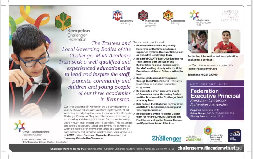 ChallengerMAT's tweet photo. Still time to apply to be an Executive Principal for our Kempston Federation. A unique opportunity for an aspiring system leader with significant opportunities to lead our MAT to even greater success. #cmatway #cmatfuture. Closing Date: 31st March 2019 https://t.co/CvlsYG3V75