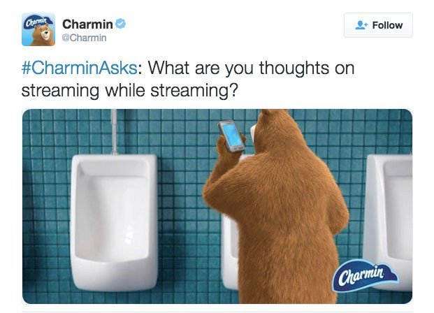NicoleAuger8's tweet photo. Differentiating from competitors is challenging, particularly when you're a toilet paper brand! However, through playful social media marketing, Charmin connects with consumers and attracts brand loyalty. The company was even named the 2014 "sassiest brand on twitter" #SSB5200G https://t.co/CaNPN9g7Wm