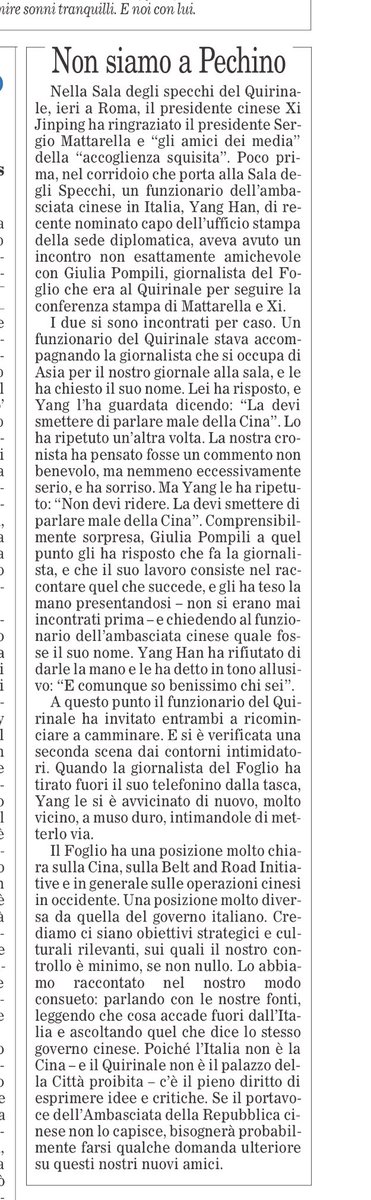 claudiocerasa's tweet photo. “Non devi parlare male della Cina”. Il nostro incontro  - di @giuliapompili - con un funzionario cinese ci costringe a formulare qualche domanda ulteriore e non piacevole sui nostri nuovi amici cinesi https://t.co/uIwL8TsT4L