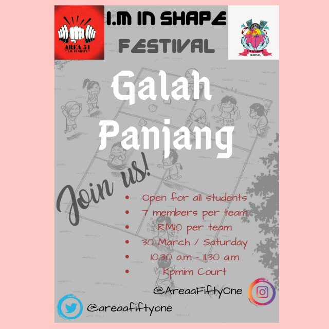 AreaaFiftyOne's tweet photo. Missing your childhood memory? Worry not! We also have Galah Panjang during the fest 🙆 it's a game that need 7 members per group and requires you to pay RM10 per group. Details as below ⬇

#soc3533 #teamkpmim https://t.co/yOFw6VE6hZ