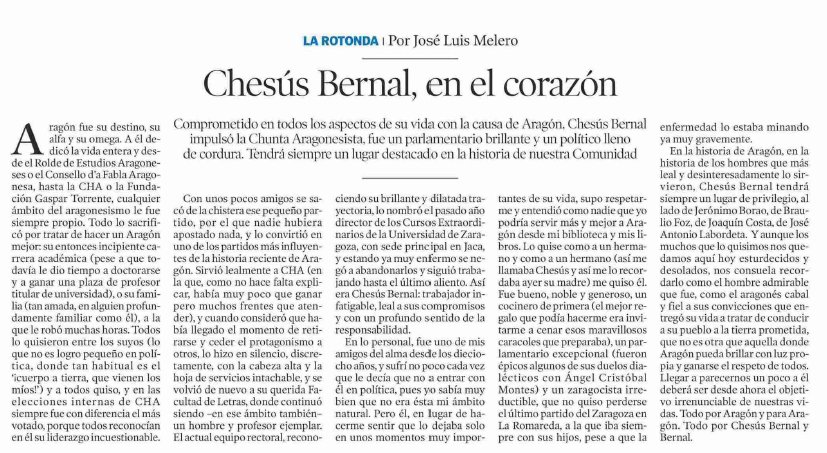 Chesús Bernal, en el corazón. Por José Luis Melero Rivas <a href="/heraldoes/">Heraldo de Aragón</a> @carpediem_arag <a href="/Meleban/">Elena Bandrés Goldáraz @ebg1.bsky.social</a> @Vidaenlspueblos <a href="/chunta/">Chunta Aragonesista</a> <a href="/SomosLaMuela/">Somos La Muela</a> <a href="/chuanpietro/">Pedro Bartolomé</a> <a href="/BizenFuster1/">Bizén Fuster</a> @sevegancho <a href="/ALODICA/">Alodia</a> <a href="/mar20web/">Mari mar</a> <a href="/elambrot/">Jose Carlos</a> @Rafa6881 <a href="/CarolinaGG83/">Carolina Gimeno</a> <a href="/pepesoro/">Pepe Soro</a> @angela15_8 <a href="/angelalabordeta/">Angelalabordeta 💜🦁🍁</a> <a href="/Miguel__Jaime/">Miguel Jaime</a>