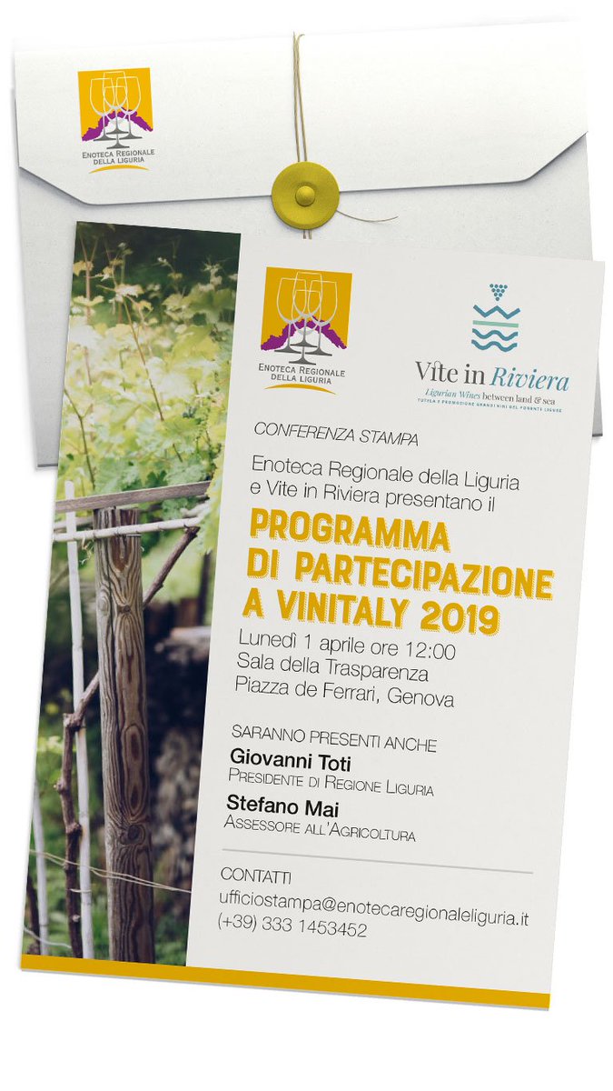 LiguriaWine's tweet photo. #Vinitaly​ è ormai alle porte (7-10 aprile)! @Enotecaligure​ e #ViteinRiviera presenteranno il programma di partecipazione lunedì 1 aprile a Genova. SAVE THE DATE!
Saranno presenti anche il presidente di Regione Liguria​ #GiovanniToti​ e l'Assessore all'Agricoltura #StefanoMai https://t.co/qPXcclbYOj