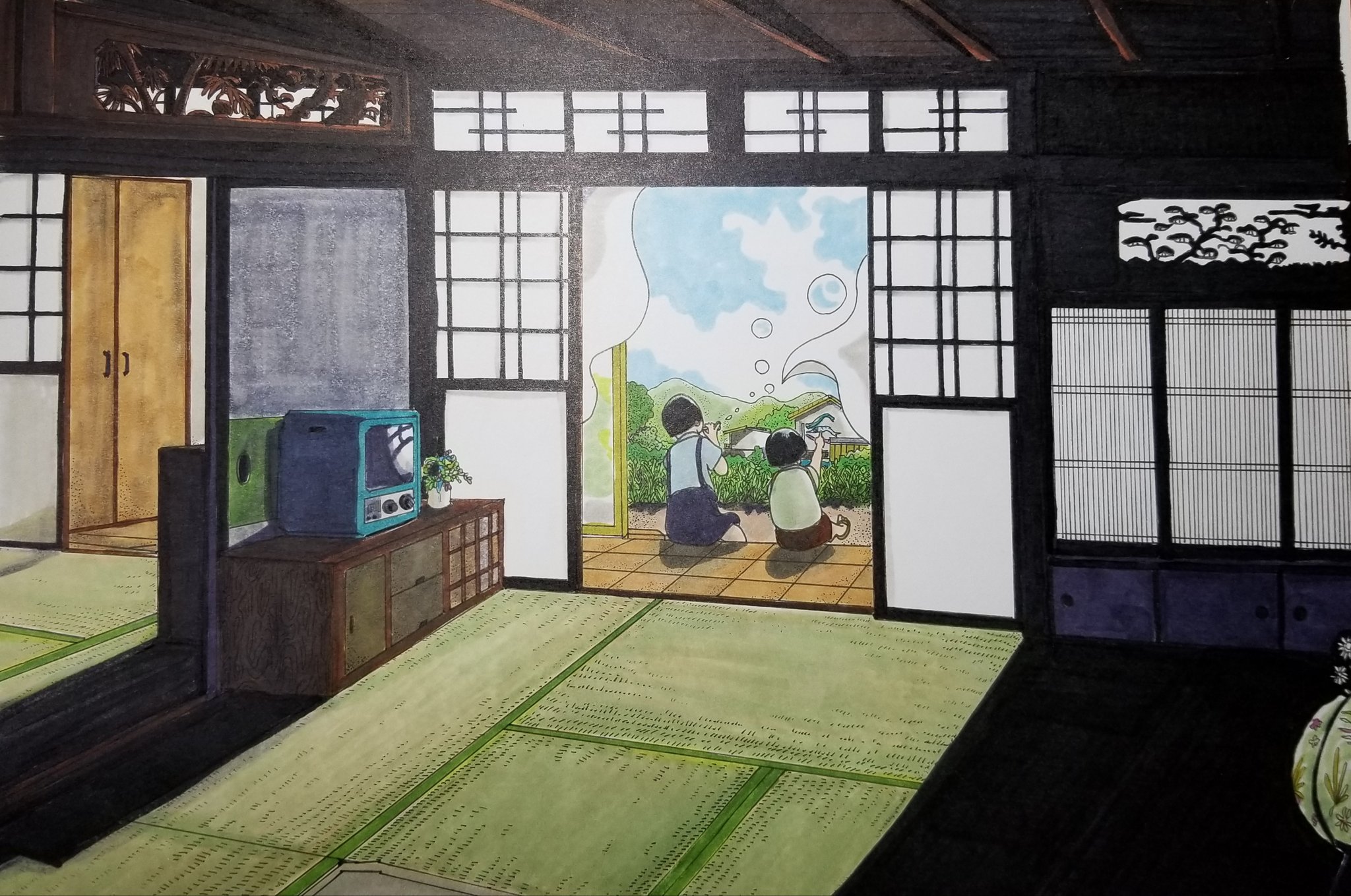 とつきとおかく文絵店 静けさとしゃぼん玉 イラスト コピック 絵描きさんとつながりたい Copic 田舎暮らし 古民家 シャボン玉 縁側 T Co Xzsdqgcf58 Twitter