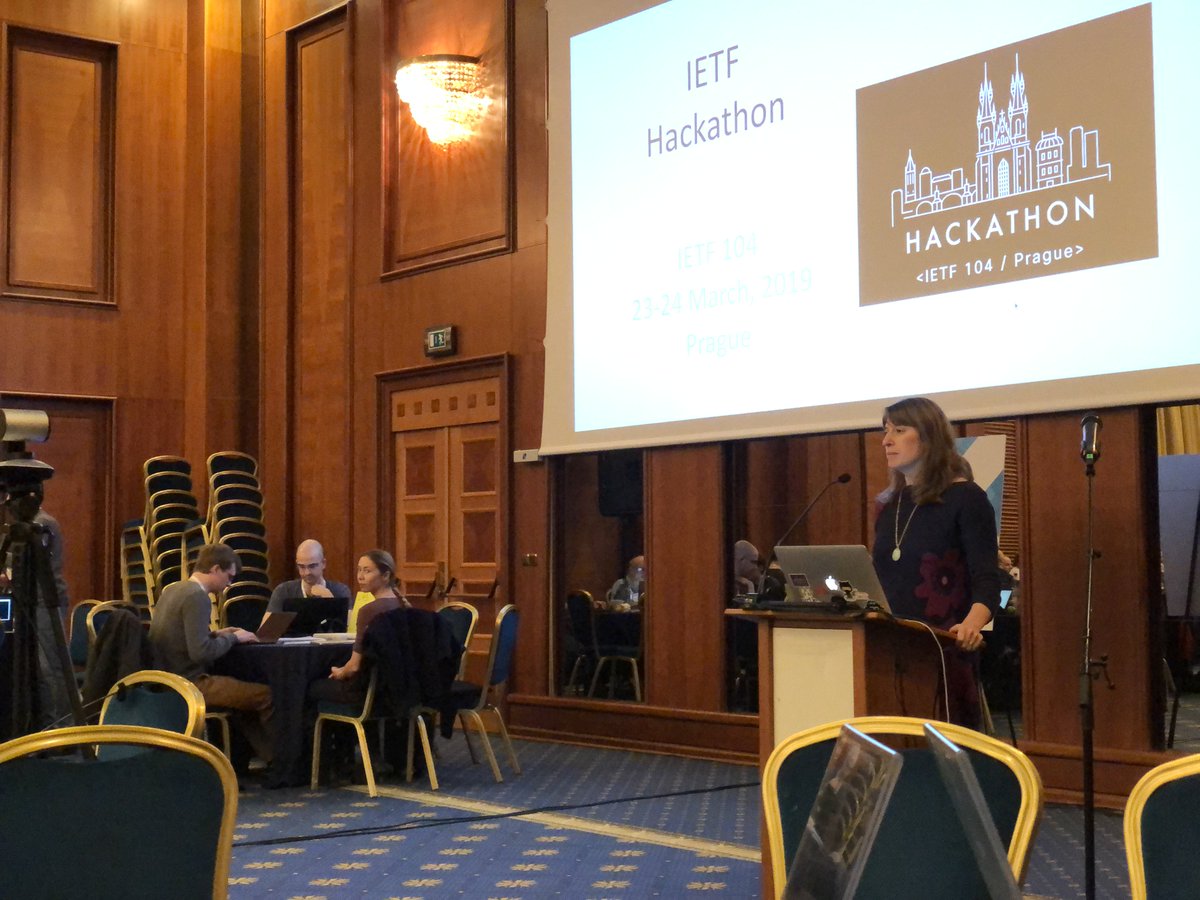 #IETF104 week begins w/record-setting #IETFHackathon: more than 350 participants working on #runningcode. Introductions by <a href="/eckelcu/">Charles Eckel</a> &amp; <a href="/alissacooper/">Alissa Cooper</a> Thanks to <a href="/OracleIaaS/">Cloud Infrastructure</a> &amp; <a href="/CiscoDevNet/">Cisco DevNet</a> for supporting coding to make the Internet work better! ietf.org/how/runningcod…
