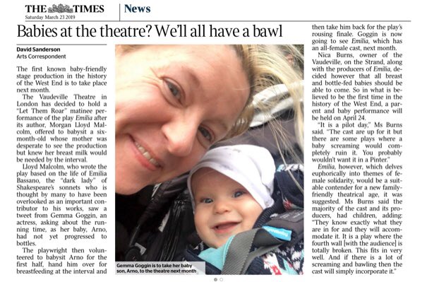 EleanorLloyd's tweet image. Very pleased to say that @EmiliaThePlay will be the first West End show to do a performance for parents/carers and babies. LET THEM ROAR. Matinee on Weds 24th April. Thanks @TheGoggin &amp;amp; @mogster for inspiring us. Book at 
Emiliaplay.com