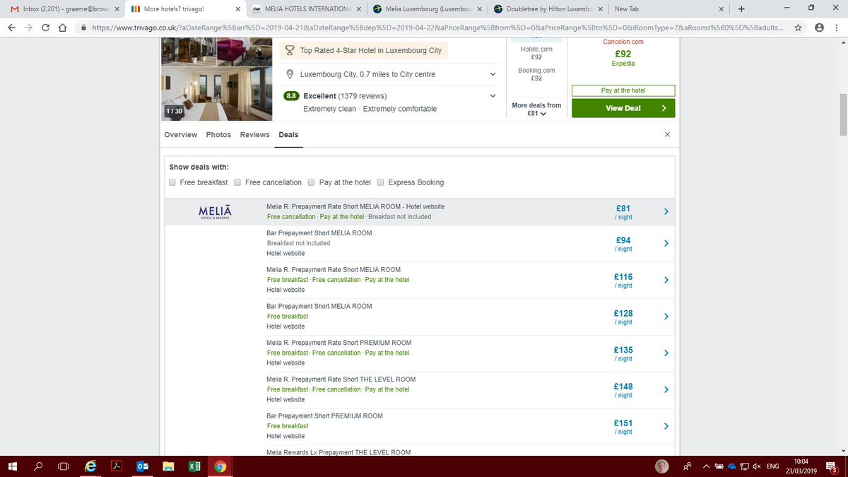 Broondog's tweet photo. @trivago . Please investigate. click on Melia link where it advertises free cancellation and its a FALSE advert. Extra cost for cancellation. Fed up of false rates being advertised. https://t.co/qFn9tPlgxJ