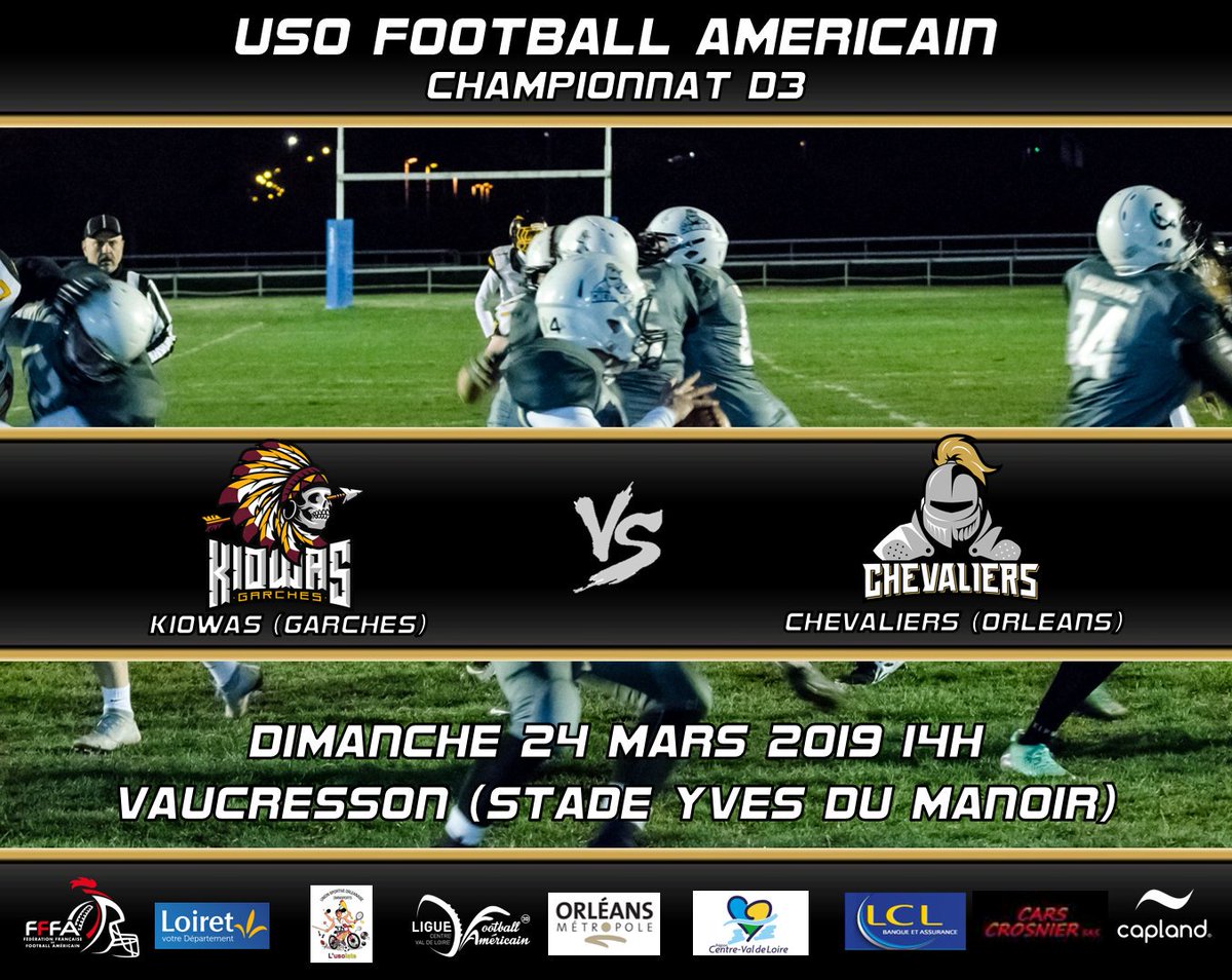Les <a href="/ChevaliersOrl/">Chevaliers d'Orléans</a> seniors se déplacent ce dimanche chez les <a href="/KiowasDeGarches/">KiowasDeGarches</a> . Coup d'envoi à 14h.