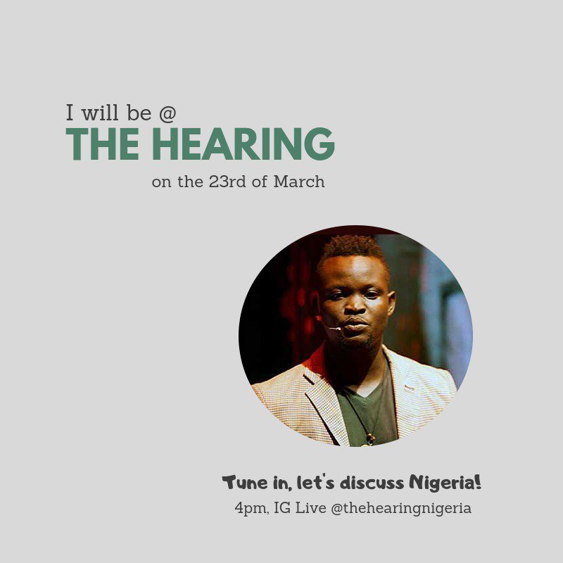 TheHearingNG's tweet photo. Today, we make a difference. We do not discuss problems today, we discuss solutions. We discuss Nigeria. We propagate hope, and possibilities, Tune in on IG @thehearingnigeria by 4pm to watch Abiodun, Damilola, Fashina, Micheal and 46 others discuss! https://t.co/KziGvfqIdf